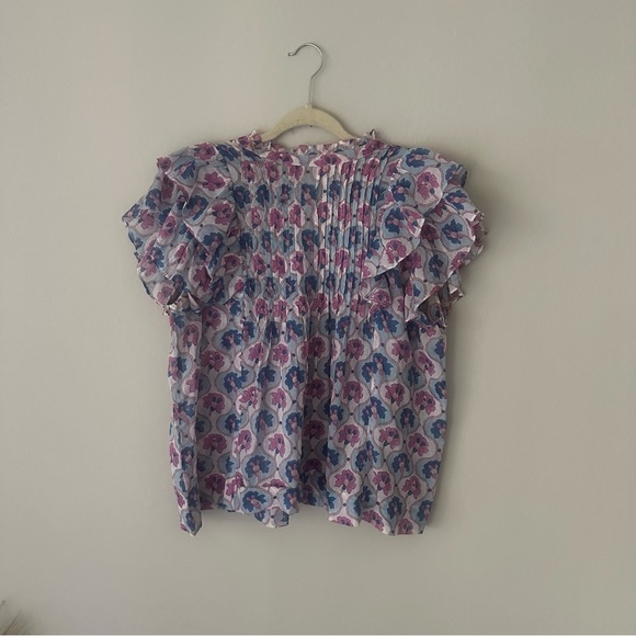 Oliphant Pintuck Ruffle Floral Top, Iris Blue Large - Picture 4 of 10